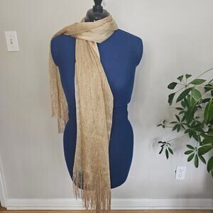 Gold Metallic Mesh Evening Scarf / Wrap with Fringe – Lightweight Shimmer Shawl
